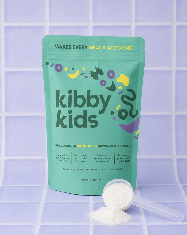 Kibby Kids supplement powder package on a tiled background