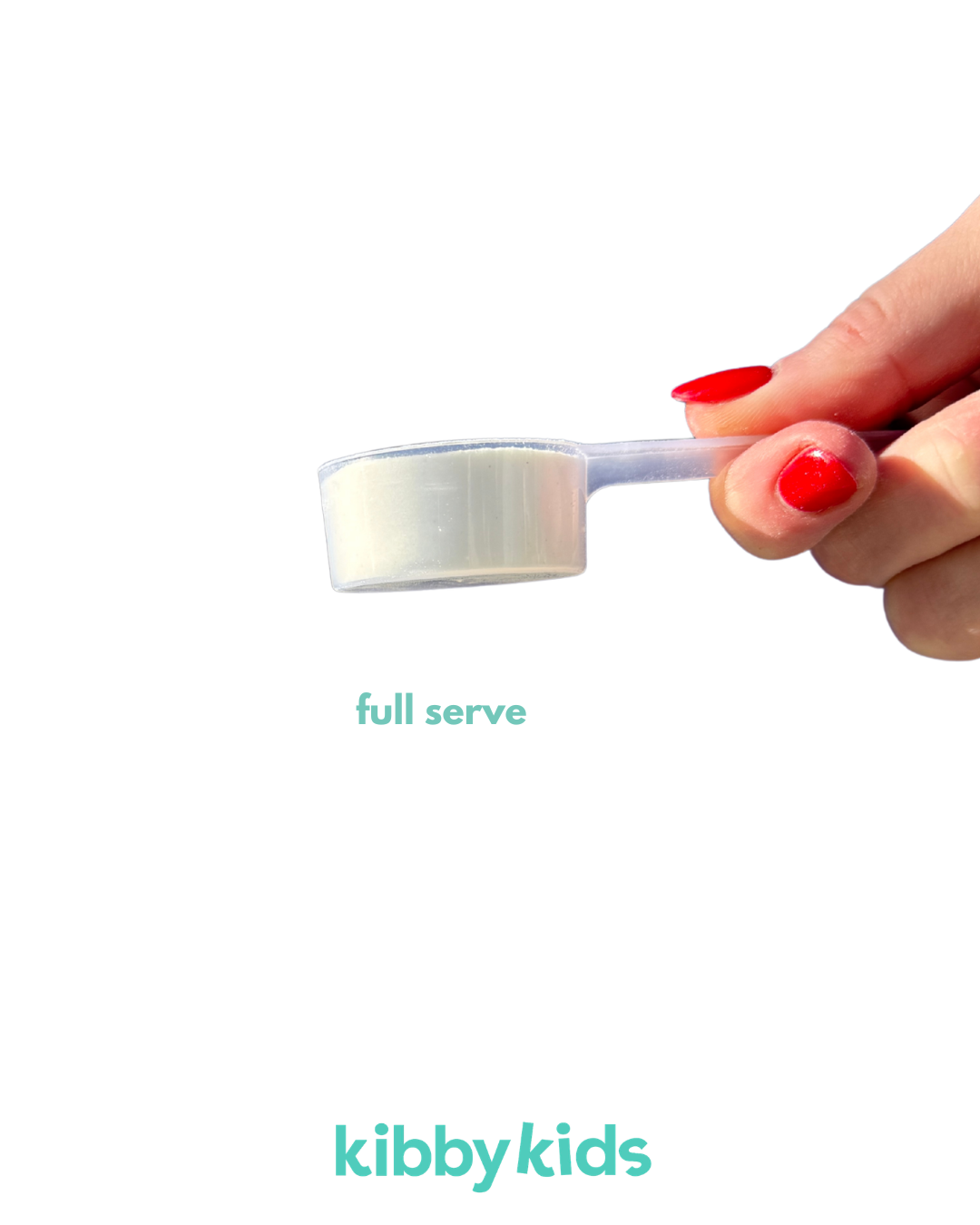 A hand with red nail polish holds a small white scoop against a plain white background, with the text 'full serve' and the brand name 'kibbykids' below.