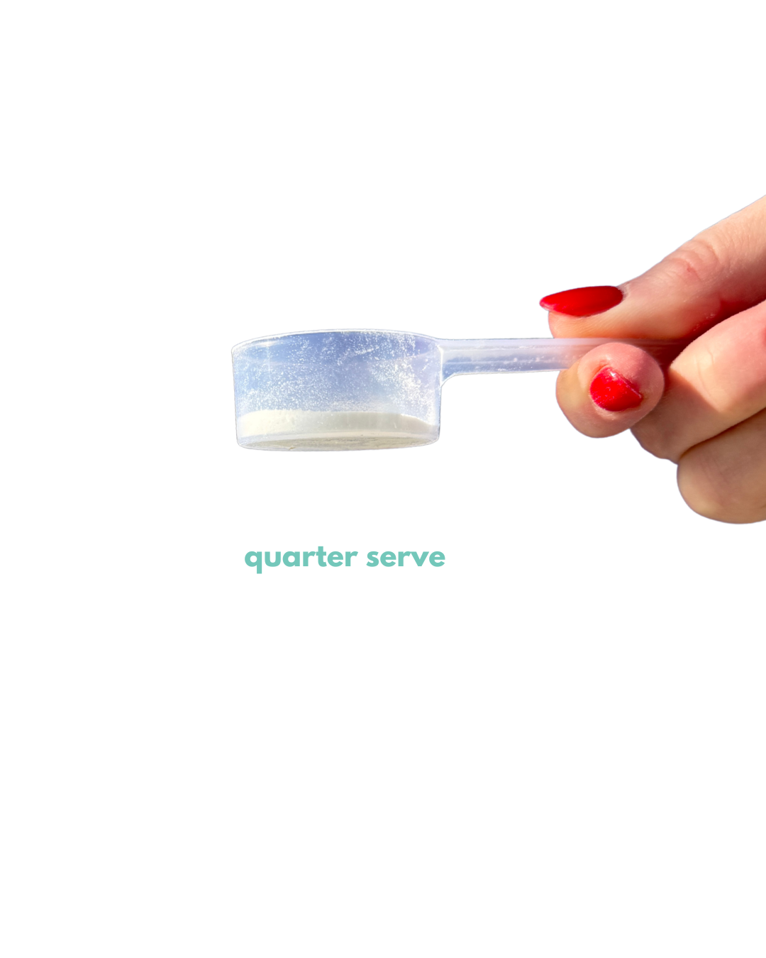 A hand with red nail polish holds a small translucent plastic scoop containing a white powder, with the text 'quarter serve' below on a plain white background.